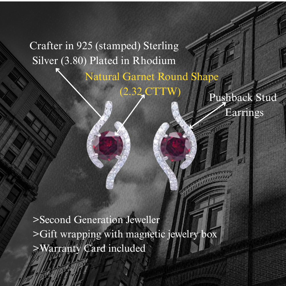 Higher - Natural Garnet Earrings 925 Sterling Silver Plated in Rhodium