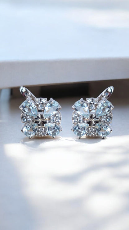 STARLIGHT– SKY BLUE TOPAZ GEMSTONE CLUSTER EARRINGS IN 925 STERLING SILVER PLATED IN RHODIUM