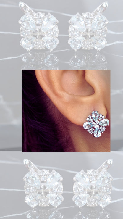 STARLIGHT– SKY BLUE TOPAZ GEMSTONE CLUSTER EARRINGS IN 925 STERLING SILVER PLATED IN RHODIUM