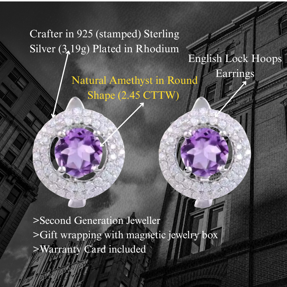 Lucky - Natural Amethyst Earrings 925 Sterling Silver Plated in Rhodium