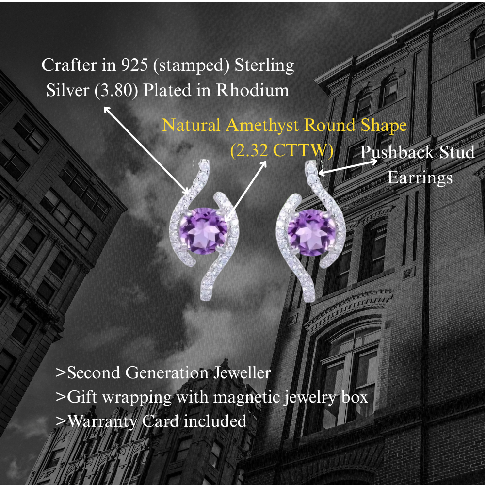 Higher - Natural Amethyst Earrings 925 Sterling Silver Plated in Rhodium
