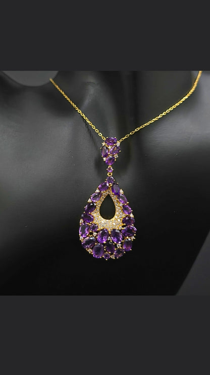 GRANDE – LARGE NATURAL AMETHYST GEMSTONE PENDANT 925 STERLING SILVER PLATED IN YELLOW GOLD