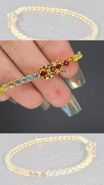 AURA - RAINBOW GEMSTONE (Round Cut) BRACELET IN 925 STERLING SILVER PLATED IN YELLOW GOLD