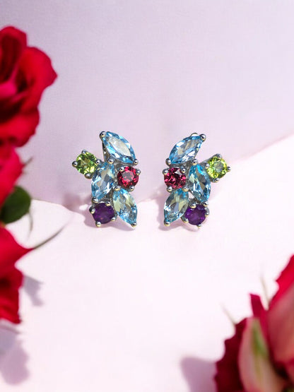 ALEESA - NATURAL AMETHYST, PERIDOT, BLUE TOPAZ, GARNET GEMSTONES EARRING IN 925 STERLING SILVER