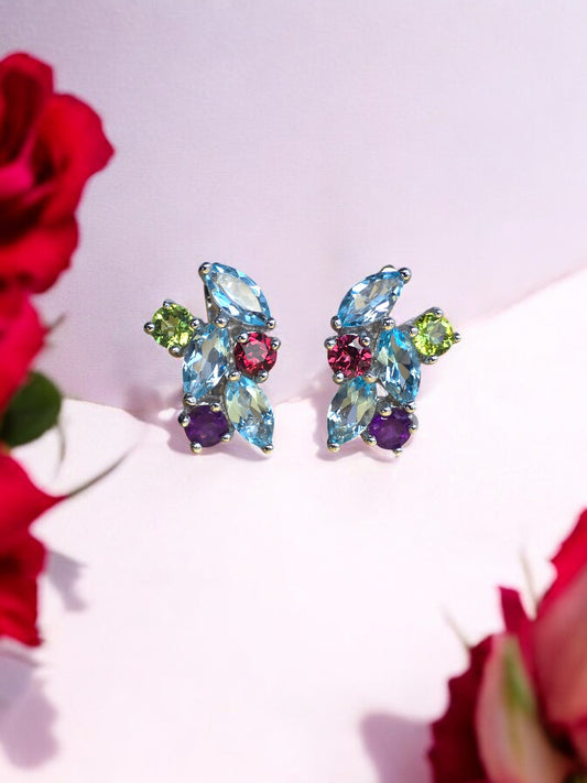 ALEESA - NATURAL AMETHYST, PERIDOT, BLUE TOPAZ, GARNET GEMSTONES EARRING IN 925 STERLING SILVER