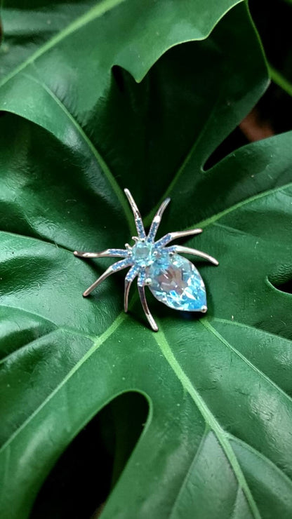 Spider Natural Blue Topaz Gemstone Brooch Plated in Rhodium