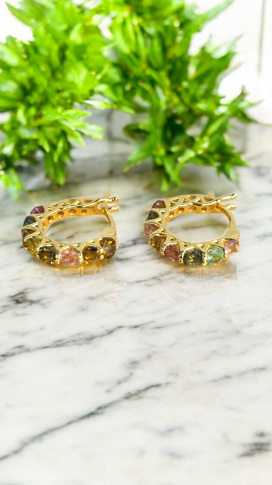 HERA - NATURAL MULTICOLORED TOURMALINE GEMSTONE HOOP EARRING IN 925 STERLING SILVER