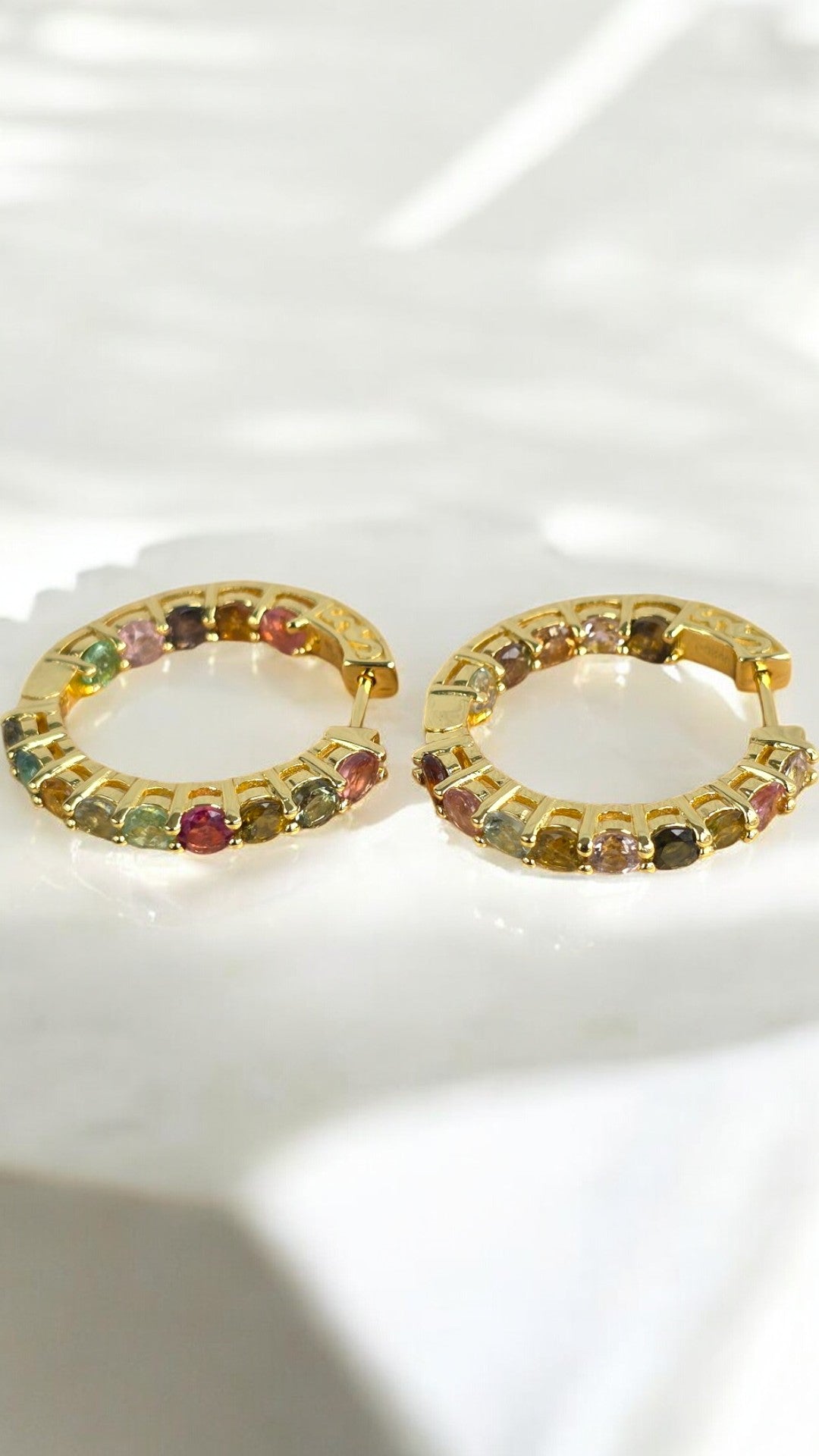 INNER-PEACE – MULTICOLORED NATURAL TOURMALINE GEMSTONE MISMATCH HOOP EARRINGS IN 925 STERLING SILVER PLATED YELLOW GOLD