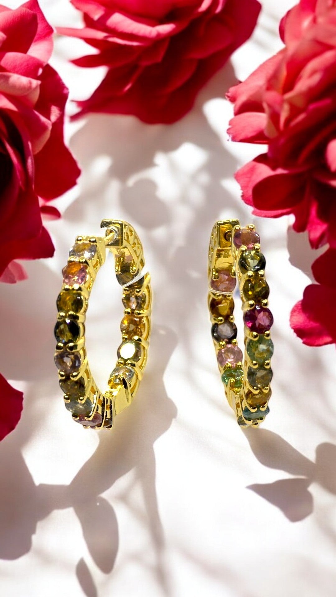 INNER-PEACE – MULTICOLORED NATURAL TOURMALINE GEMSTONE MISMATCH HOOP EARRINGS IN 925 STERLING SILVER PLATED YELLOW GOLD