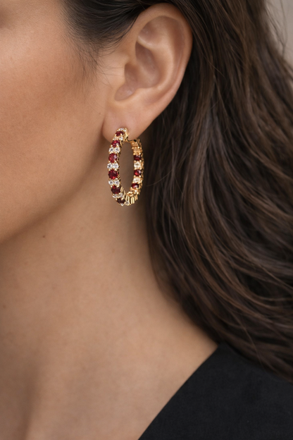 STARSHINE - NATURAL GARNET GEMSTONES WITH CZ HOOP EARRING PLATED IN YELLOW GOLD