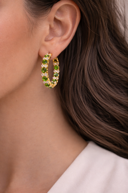STARSHINE - NATURAL CHROME DIOPSIDE GEMSTONES WITH CZ HOOP EARRING PLATED IN YELLOW GOLD