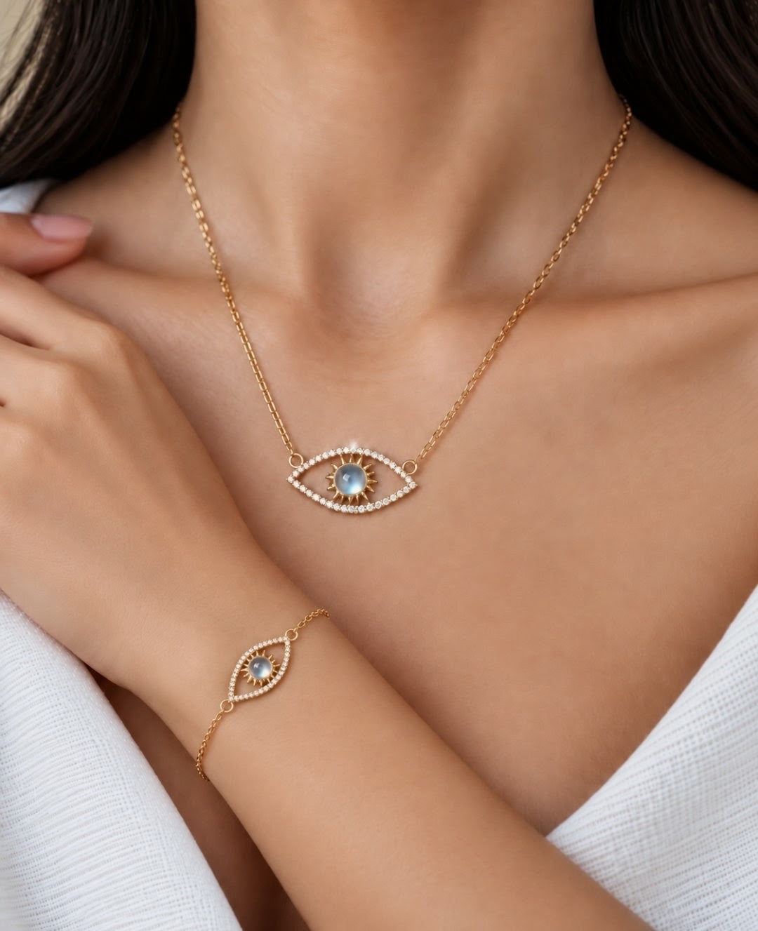 Evil Eye Necklace Blue Topaz Gemstone in Cabochon Cut