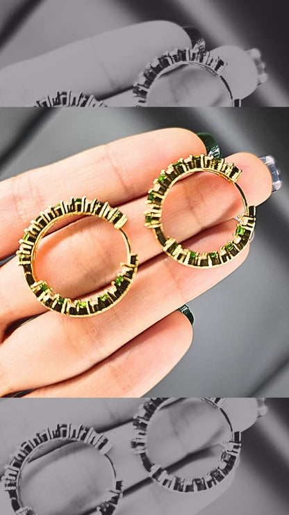 STARSHINE - NATURAL CHROME DIOPSIDE GEMSTONES WITH CZ HOOP EARRING PLATED IN YELLOW GOLD