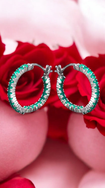 BRAVE - GREEN AGATE GEMSTONE HOOP EARRINGS IN 925 STERLING SILVER