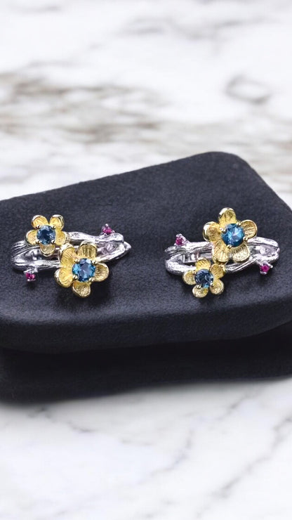 PARISIAN– NATURAL LONDON BLUE TOPAZ CLUSTER EARRINGS IN 925 STERLING SILVER