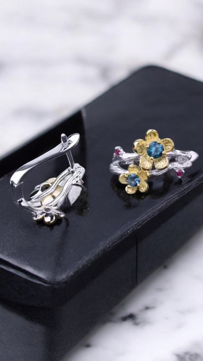 PARISIAN– NATURAL LONDON BLUE TOPAZ CLUSTER EARRINGS IN 925 STERLING SILVER
