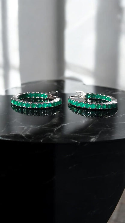 BRAVE - GREEN AGATE GEMSTONE HOOP EARRINGS IN 925 STERLING SILVER