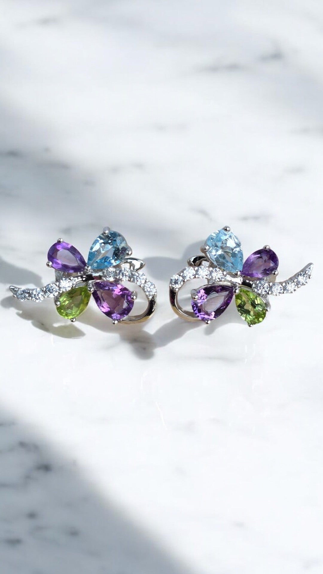 ATHENA – NATURAL AMETHYST PERIDOT AND SKY BLUE TOPAZ GEMSTONER EARRING IN 925 STERLING SILVER