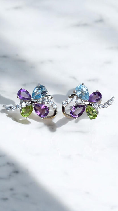 ATHENA – NATURAL AMETHYST PERIDOT AND SKY BLUE TOPAZ GEMSTONER EARRING IN 925 STERLING SILVER