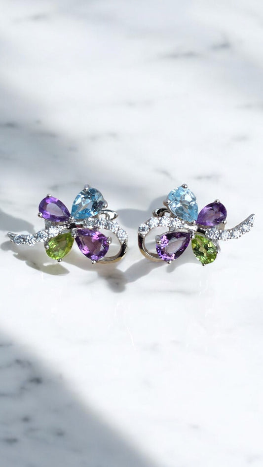 ATHENA – NATURAL AMETHYST PERIDOT AND SKY BLUE TOPAZ GEMSTONER EARRING IN 925 STERLING SILVER