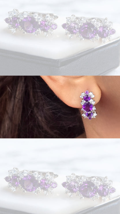 TRUE– NATURAL AMETHYST CLUSTER EARRINGS IN 925 STERLING SILVER