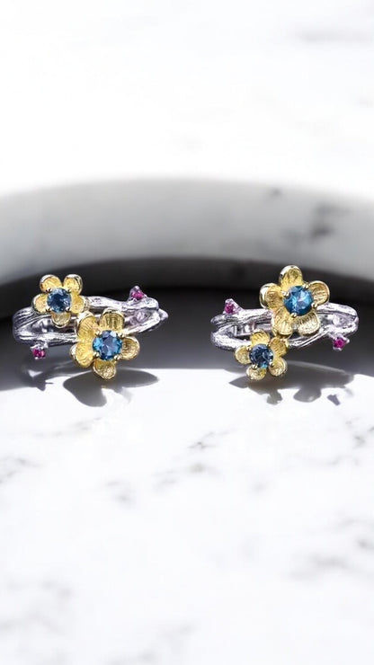 PARISIAN– NATURAL LONDON BLUE TOPAZ CLUSTER EARRINGS IN 925 STERLING SILVER