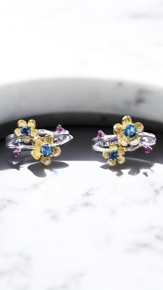 PARISIAN– NATURAL LONDON BLUE TOPAZ CLUSTER EARRINGS IN 925 STERLING SILVER