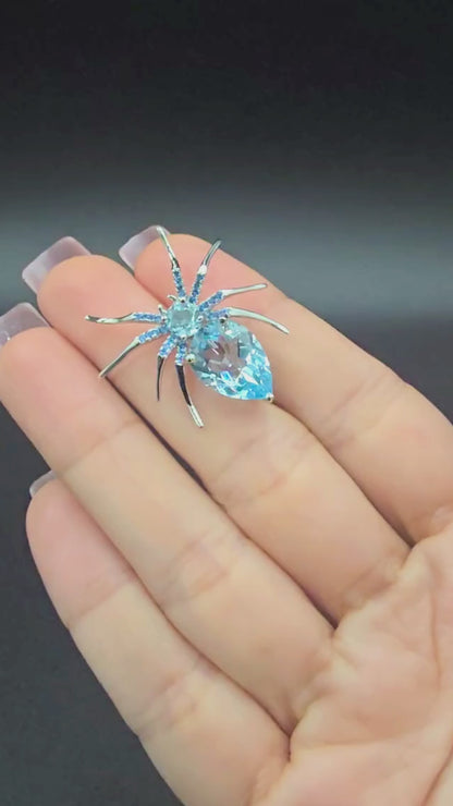 Spider Natural Blue Topaz Gemstone Brooch Plated in Rhodium