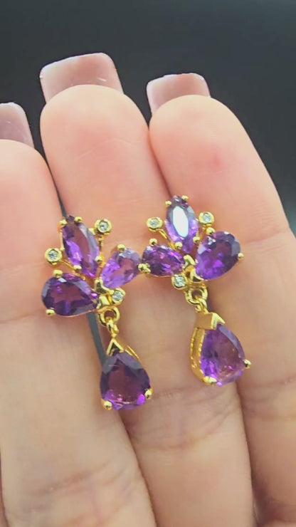 Core - Natural Amethyst Earrings 925 Sterling Silver Plated in Yellow Gold