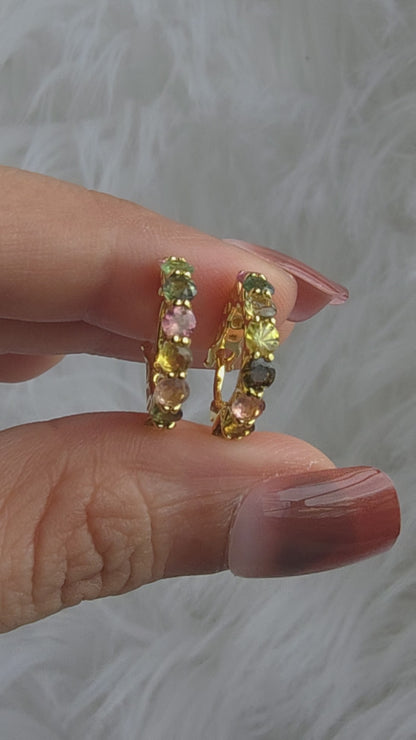 HERA - NATURAL MULTICOLORED TOURMALINE GEMSTONE HOOP EARRING IN 925 STERLING SILVER