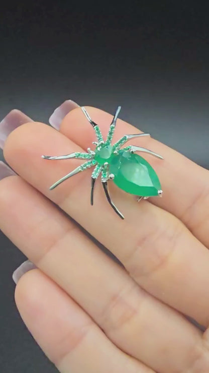 Spider Natural Agate Gemstone Brooch Plated in Rhodium