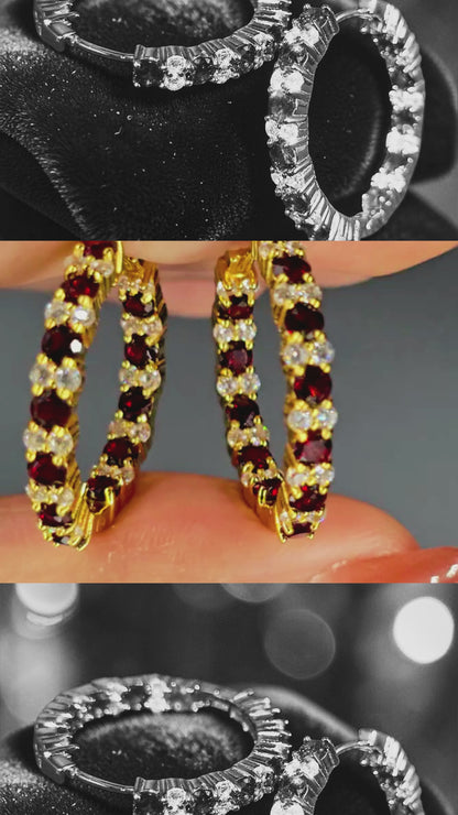 STARSHINE - NATURAL GARNET GEMSTONES WITH CZ HOOP EARRING PLATED IN YELLOW GOLD