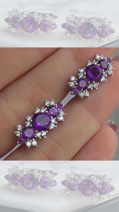 TRUE– NATURAL AMETHYST CLUSTER EARRINGS IN 925 STERLING SILVER