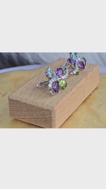 ATHENA – NATURAL AMETHYST PERIDOT AND SKY BLUE TOPAZ GEMSTONER EARRING IN 925 STERLING SILVER