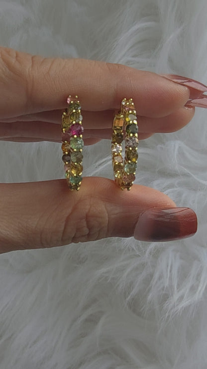 INNER-PEACE – MULTICOLORED NATURAL TOURMALINE GEMSTONE MISMATCH HOOP EARRINGS IN 925 STERLING SILVER PLATED YELLOW GOLD