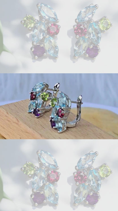 ALEESA - NATURAL AMETHYST, PERIDOT, BLUE TOPAZ, GARNET GEMSTONES EARRING IN 925 STERLING SILVER