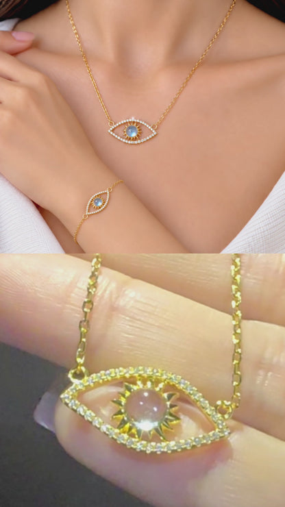 Evil Eye Necklace Blue Topaz Gemstone in Cabochon Cut