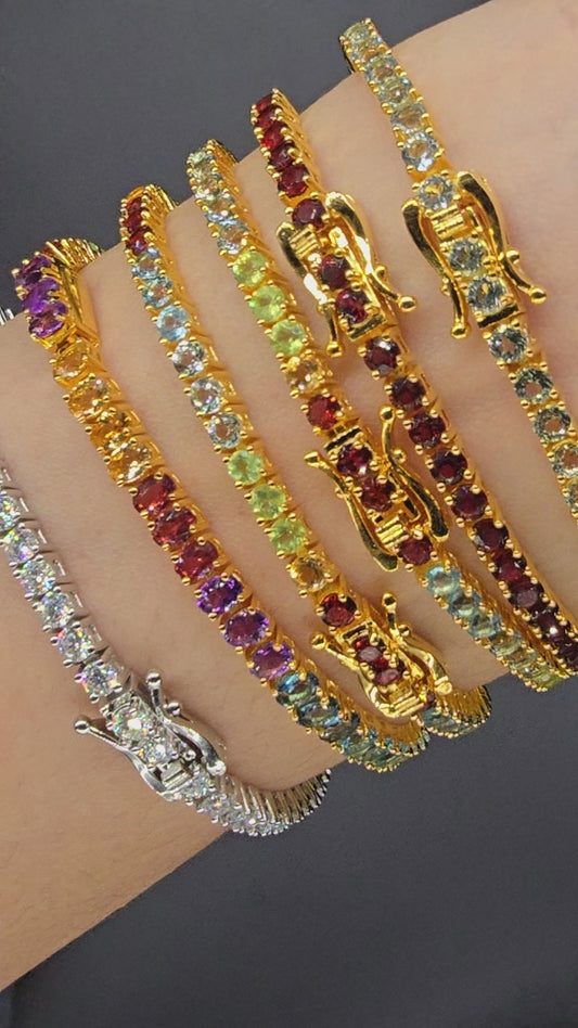 AURA - RAINBOW GEMSTONE (Round Cut) BRACELET IN 925 STERLING SILVER PLATED IN YELLOW GOLD