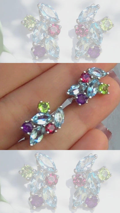 ALEESA - NATURAL AMETHYST, PERIDOT, BLUE TOPAZ, GARNET GEMSTONES EARRING IN 925 STERLING SILVER