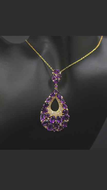 GRANDE – LARGE NATURAL AMETHYST GEMSTONE PENDANT 925 STERLING SILVER PLATED IN YELLOW GOLD