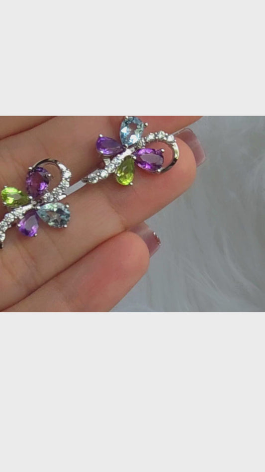 ATHENA – NATURAL AMETHYST PERIDOT AND SKY BLUE TOPAZ GEMSTONER EARRING IN 925 STERLING SILVER