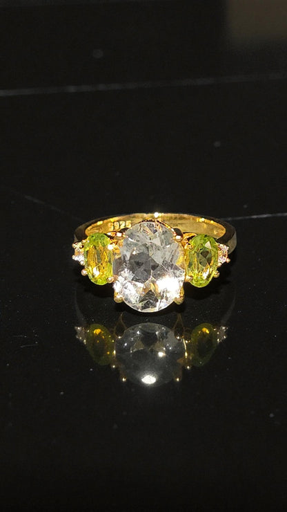 HARMONIA – GREEN AMETHYST AND PERIDOT TRILOGY GEMSTONE RING PLATED IN YELLOW GOLD
