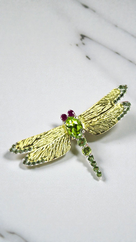 LUNA DRAGONFLY CITRINE GEMSTONE BROOCH in 925 STERLING SILVER PLATED IN YELLOW GOLD