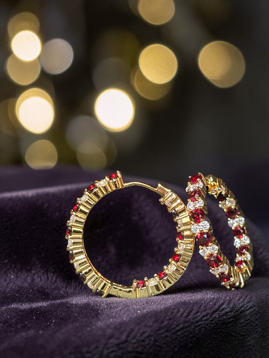 STARSHINE - NATURAL GARNET GEMSTONES WITH CZ HOOP EARRING PLATED IN YELLOW GOLD