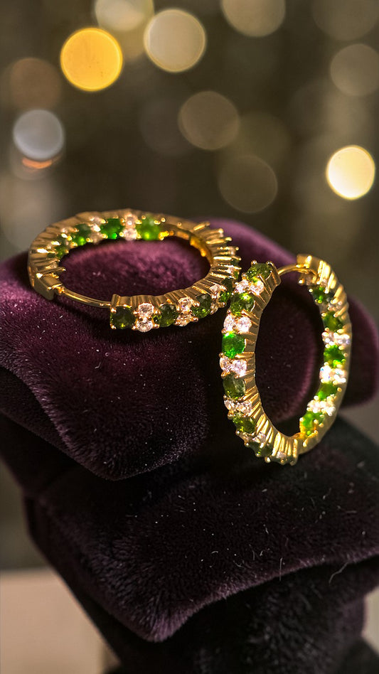 STARSHINE - NATURAL CHROME DIOPSIDE GEMSTONES WITH CZ HOOP EARRING PLATED IN YELLOW GOLD