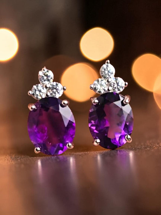 Empress - Natural Amethyst Earrings 925 Sterling Silver Plated in Rhodium