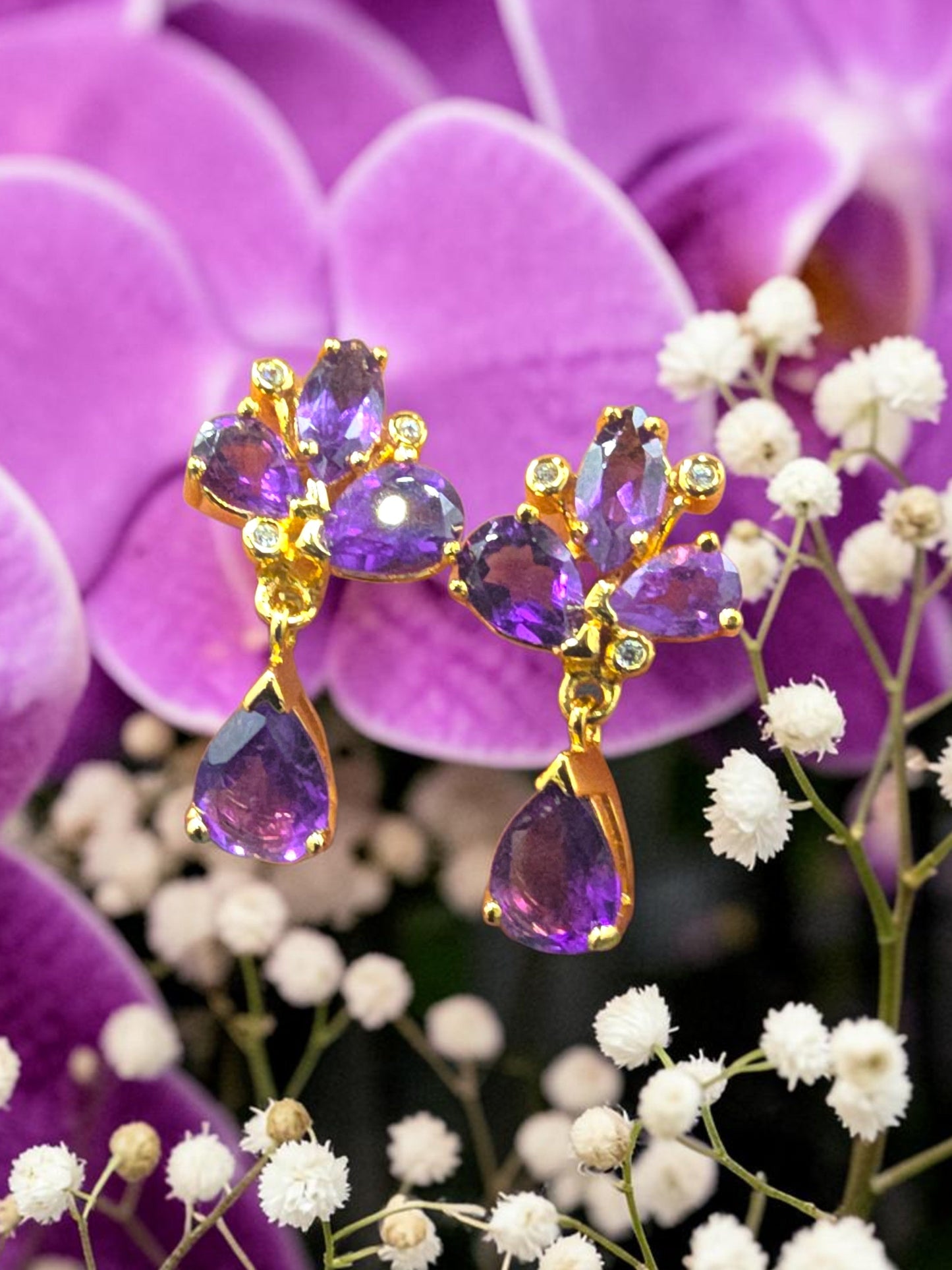 Core - Natural Amethyst Earrings 925 Sterling Silver Plated in Yellow Gold